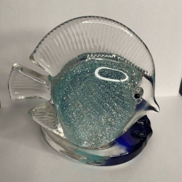 VTG PartyLite Art Glass Sparkly Blue Tropical Fish Tea Light Candle Holder 4" T - Picture 9 of 12